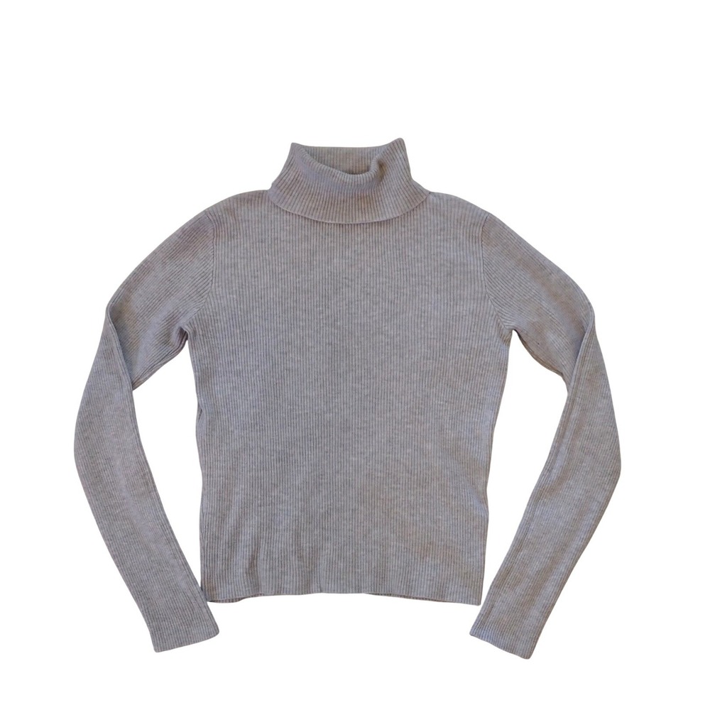 Grey Ribbed Turtleneck Sweater Slim Fit Knit Top Size L